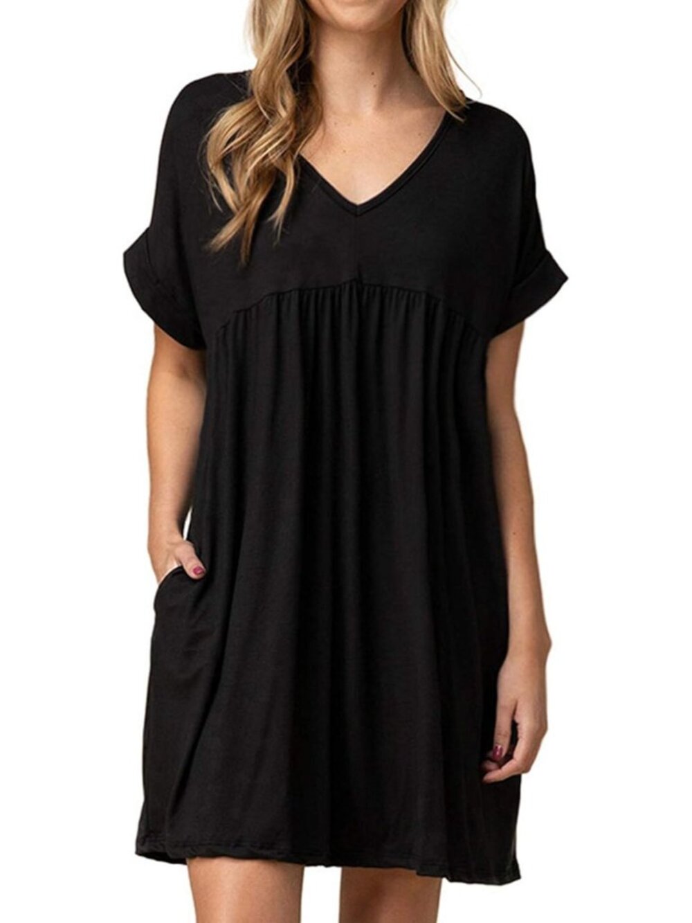 Women's Black Summer Tshirt Dress Babydoll Casual Mini Tunic Ruched Flowy Dress